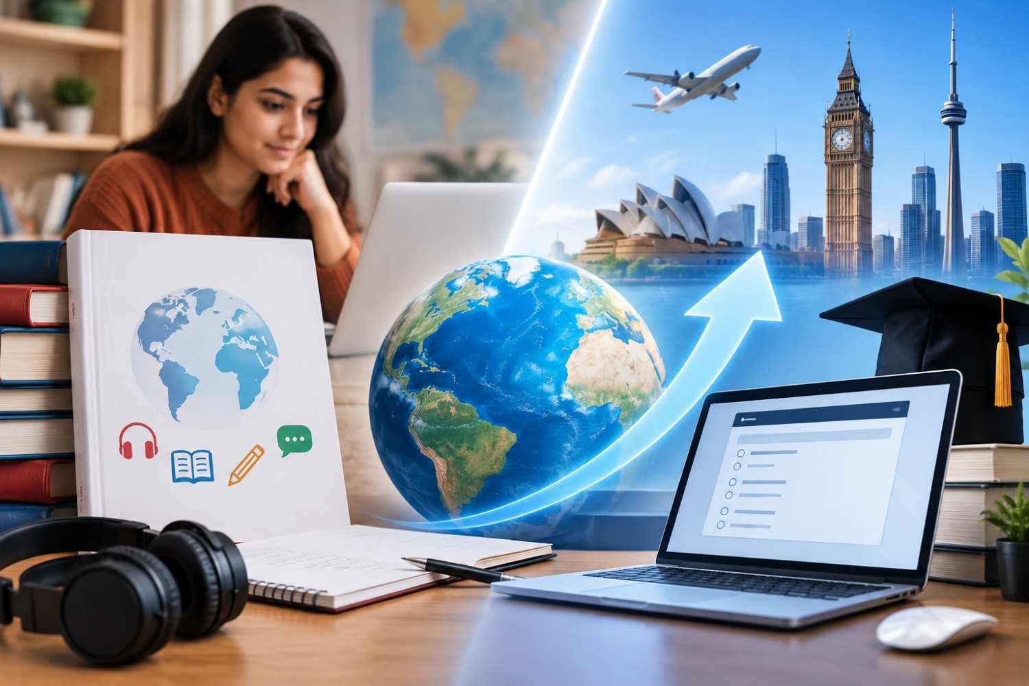 IELTS preparation comparison showing a student choosing between classroom coaching with a teacher and self-study using online lessons and study materials.